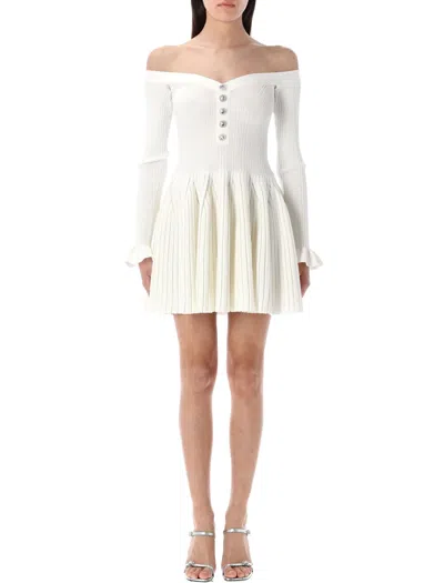 SELF-PORTRAIT SELF-PORTRAIT WHITE RIBBED KNIT OFF SHOULDER MINI DRES