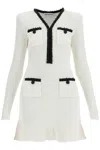 Self-portrait Textured White Dress With Beaded V-neckline In White