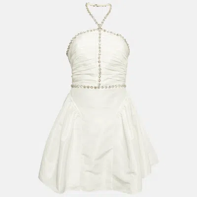 Pre-owned Self-portrait White Taffeta Diamante Trim Mini Dress M