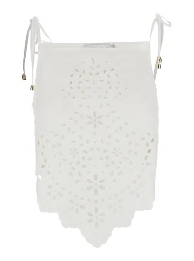 Self-portrait White Top With Asymmetric Hem And All-over Embroidery In Cotton Woman In Multi
