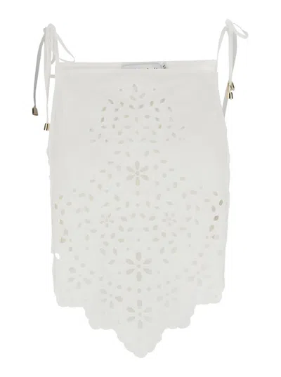 Self-portrait White Top With Asymmetric Hem And All-over Embroidery In Cotton Woman
