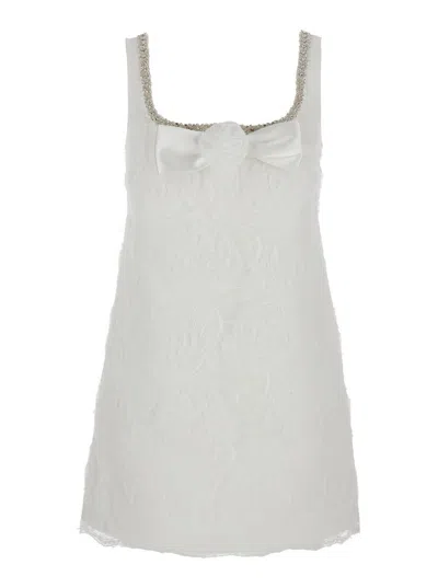 SELF-PORTRAIT WHITE MINI DRESS WITH SQUARE NECK AND BOW DETAIL ON THE FRONT IN TECH FABRIC WOMAN