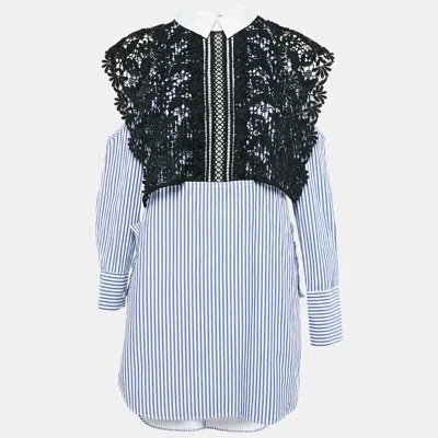 Pre-owned Self-portrait White/blue Stripe Cotton Lace Overlay Detail Short Dress M