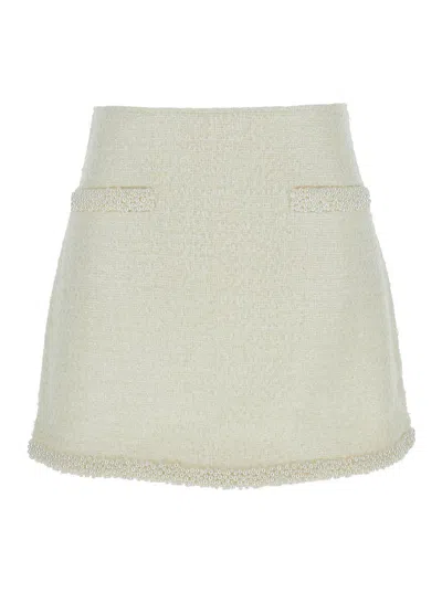 Self-portrait Whiteminiskirt With Faux-pearls Embellishments In Tech Fabric Woman