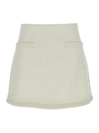 Self-portrait Whiteminiskirt With Faux-pearls Embellishments In Tech Fabric Woman