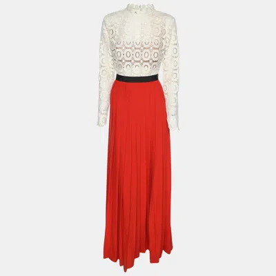 Pre-owned Self-portrait White/red Floral Lace And Pleated Crepe Maxi Dress S