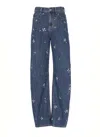 Self-portrait Wide-leg Cotton Jeans With Strass Floral Embellishments In Gray