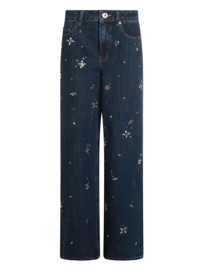 SELF-PORTRAIT WIDE-LEG DENIM JEANS WITH FLORAL EMBELLISHMENTS