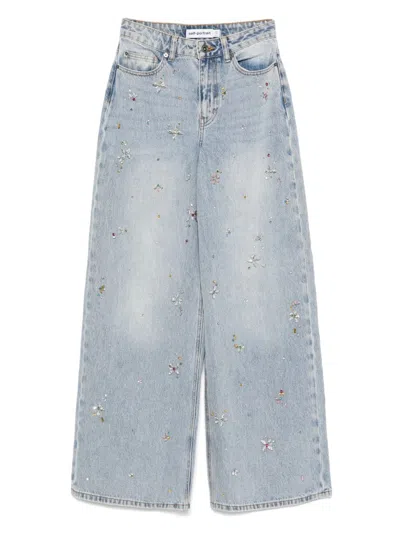 Self-portrait Wide-leg Jeans With Floral Embellishments In Blue