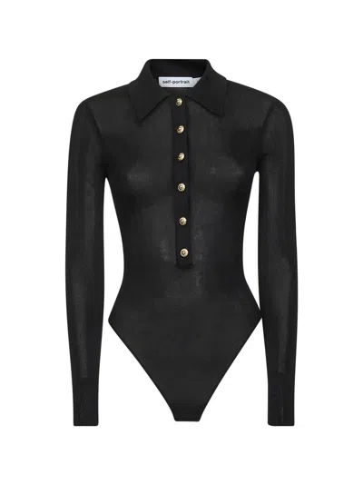 Self-portrait Self Portrait Women Black Viscose Knit Long-sleeved Bodysuit