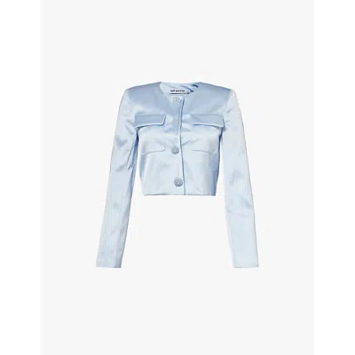 Self-portrait Womens Blue Rhinestone-buttons Two-flap Pockets Woven Jacket