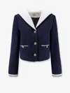 Self-portrait Belted Waist Short Jacket With Stripe Trim In Blue