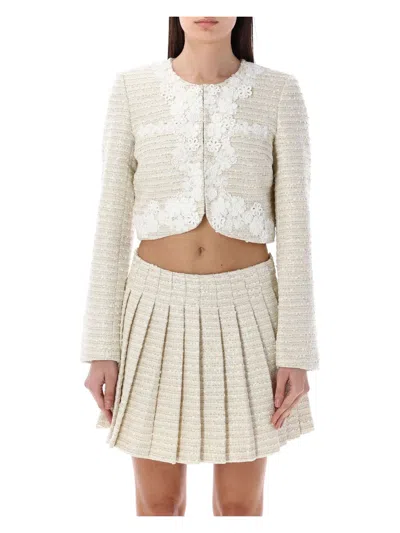 Self-portrait Floral-trim Cropped Jacket In Gold White
