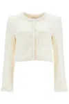 Self-portrait White Crewneck Jacket With Sequin And Faux-pearls Embellishments In Tech Fabric Woman In White