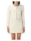 Self-portrait White Crewneck Jacket With Sequin And Faux-pearls Embellishments In Tech Fabric Woman In Cream