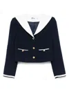 Self-portrait Belted Waist Short Jacket With Stripe Trim In Blue