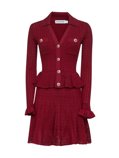Self-portrait Self Portrait Women Burgundy Pointelle Knit Long-sleeved Mini Dress In Red