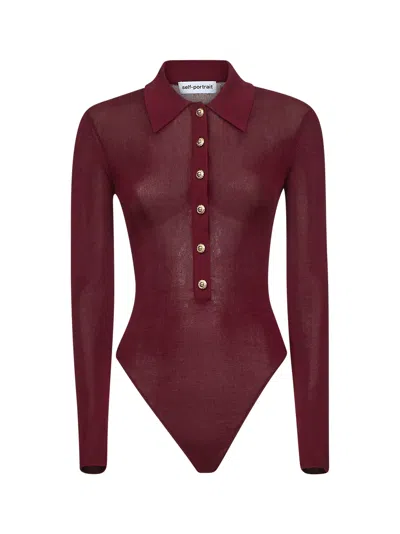 Self-portrait Self Portrait Women Burgundy Viscose Knit Long-sleeved Bodysuit