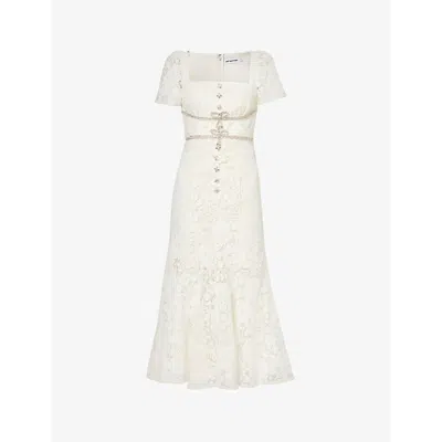Self-portrait Womens Cream Slim-fit Square-neck Woven-blend Midi Dress In Cream