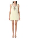 Self-portrait Yellow Crewneck Mini Dress With Jewel Embellishment On The Collar And Bow Detail On The Front In Tec In Nude