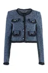Self-portrait Blue Cropped Jacket With Patch Pocket In Textured Denim Woman In Denim