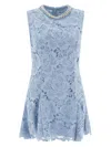 Self-portrait Bue Crewneck Mini Dress With Rhinestoned Collar And All-over Floral Lace Embroidery In Tech Fabric W In Blue