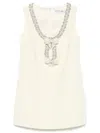 Self-portrait Yellow Crewneck Mini Dress With Jewel Embellishment On The Collar And Bow Detail On The Front In Tec In Nude