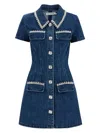 Self-portrait Blue Mini Dress With Rhinestoned Collar And Jewel Buttons With Crystals In Denim Woman In Denim