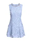 Self-portrait Bue Crewneck Mini Dress With Rhinestoned Collar And All-over Floral Lace Embroidery In Tech Fabric W In Blue