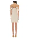 Self-portrait Beige Off-shoulder Mini Dress With Ruched Details In Tech Fabric Woman