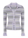 Self-portrait Grey Cardigan With Spread Collar And All-over Striped Motif In Viscose Blend Woman