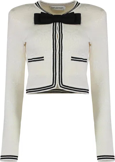 Self-portrait Jacquard Cardigan Jacket With Brooch In White