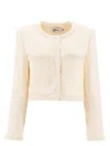 Self-portrait White Crewneck Jacket With Sequin And Faux-pearls Embellishments In Beige