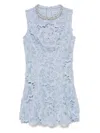 Self-portrait Bue Crewneck Mini Dress With Rhinestoned Collar And All-over Floral Lace Embroidery In Tech Fabric W In Clear Blue