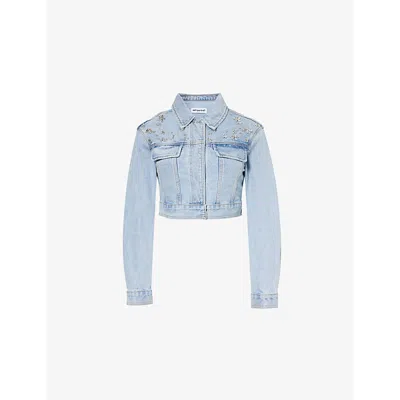 Self-portrait Womens Light Blue Cropped Boxy-fit Denim Jacket