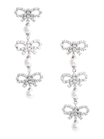 Self-portrait Women Micro Bow Pearl Tiered Earrings In Metallic