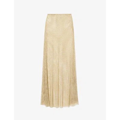 Self-portrait Rhinestone-embellished Fishnet-texture Stretch-woven Maxi Skirt In Nude