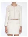 Self-portrait White Crewneck Jacket With Sequin And Faux-pearls Embellishments In Tech Fabric Woman In Ivory