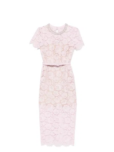 SELF-PORTRAIT WOMEN'S PINK FINE LACE PEARL MIDI DRESS