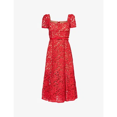 Self-portrait Womens Red Square-neck Belted Floral-lace Midi Dress