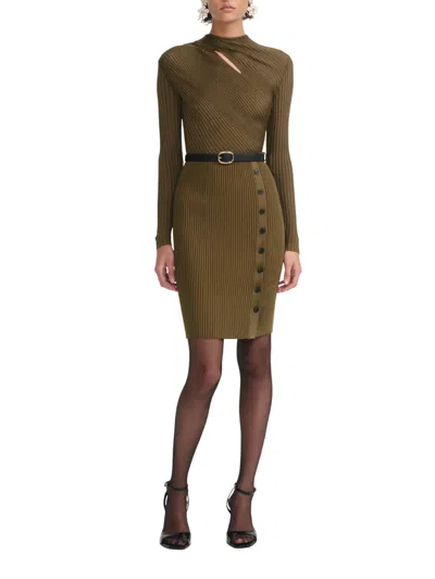 Self-portrait Women Ribbed Knit Mini Dress With Cut-outs In Khaki In Green