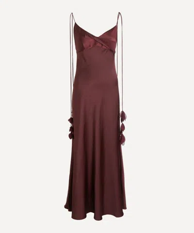 Self-portrait Bordeaux Long Dress With Knotted Shoulder Straps And Floral Details In Fabric Woman In Burgundy