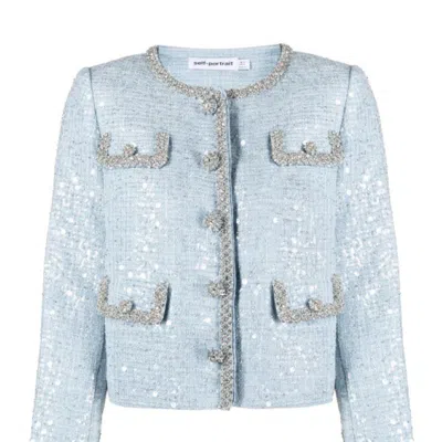 Self-portrait Women Sequin Boucle Chest Flap Pockets Polyester Jacket In Blue