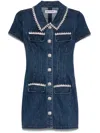 Self-portrait Blue Mini Dress With Rhinestoned Collar And Jewel Buttons With Crystals In Denim Woman