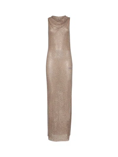 Self-portrait Self Portrait Women Silver Rhinestone Fishnet Maxi Dress In Brown