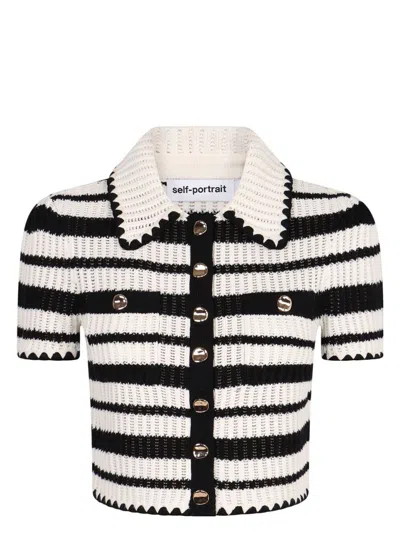SELF-PORTRAIT WOMEN'S STRIPED CROCHET TOP | SIZE LARGE | SS25126TC COLOR CREAMBLACK