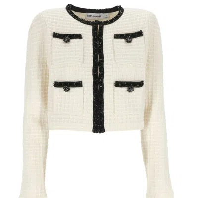 Self-portrait Women Textured Knit Black Trim 4 Pockets Cardigan Sweater In White