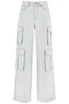 Self-portrait Bleached Effect Cargo Jeans With Visible Stitching In Blue