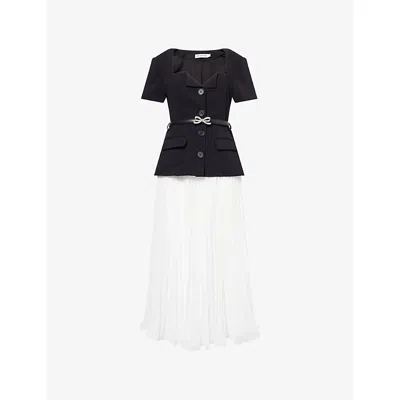SELF-PORTRAIT WOMENS BLACK CONTRAST-CHIFFON PLEATED WOVEN MIDI DRESS