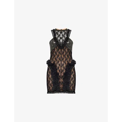 SELF-PORTRAIT WOMENS BLACK CRYSTAL-EMBELLISHED LACE MINI DRESS